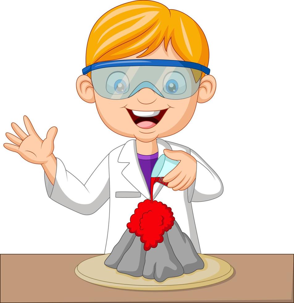 Cartoon boy scientist doing volcano experiment vector