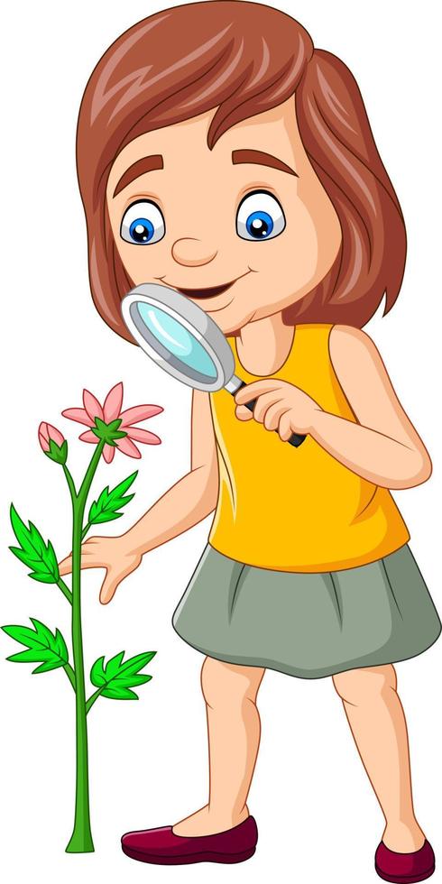 Cartoon girl using a magnifying glass and looking at flowers vector