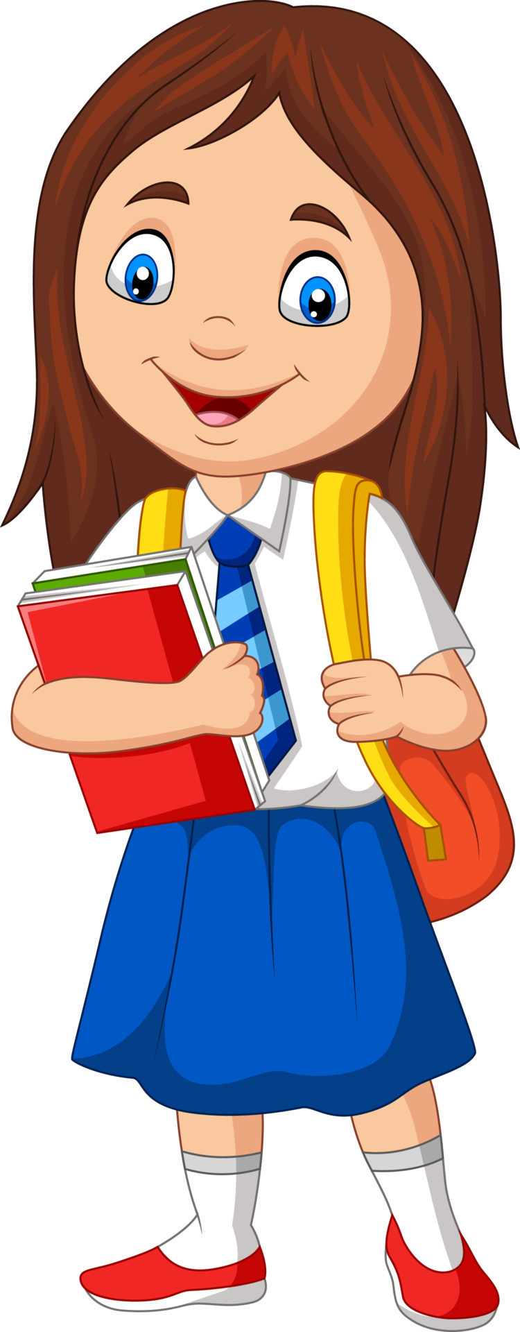 Cartoon school girl in uniform with book and backpack 8387114 Vector