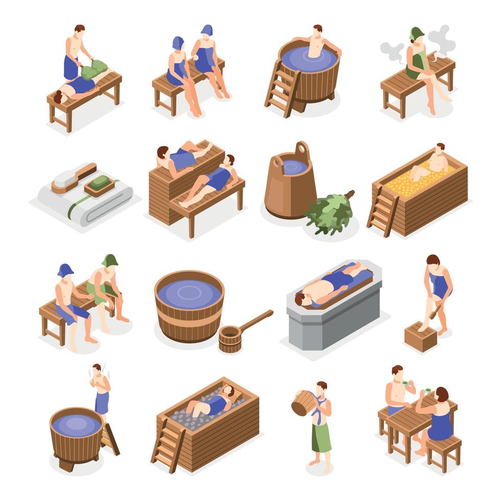 casa de baños y spa relajantes iconos isométricos vector