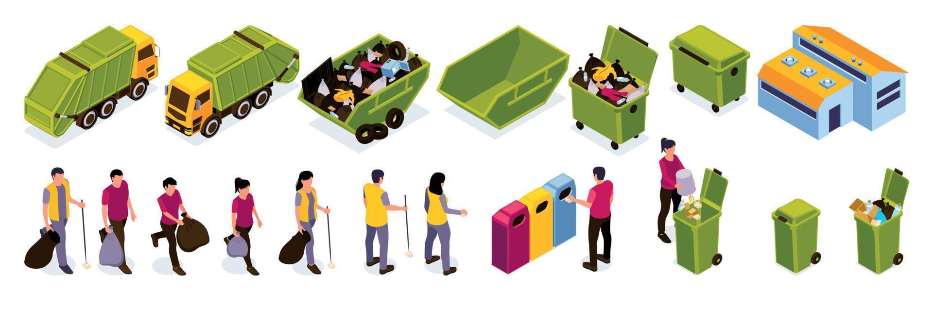 Isometric Garbage Recycling Color Icon Set vector