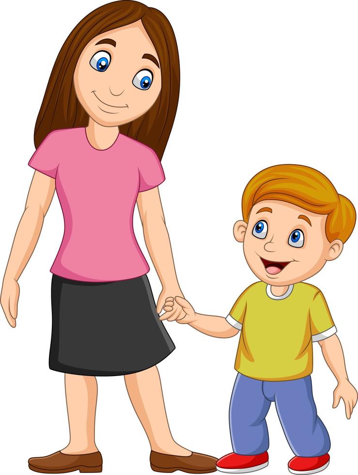 Cartoon mother holding her son's hand vector