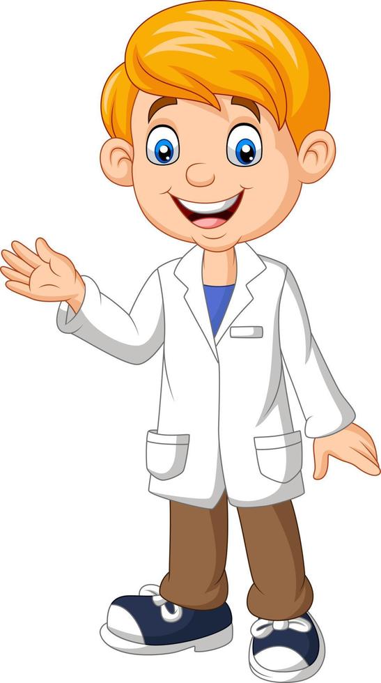 Cartoon boy scientist wearing lab white coat waving vector