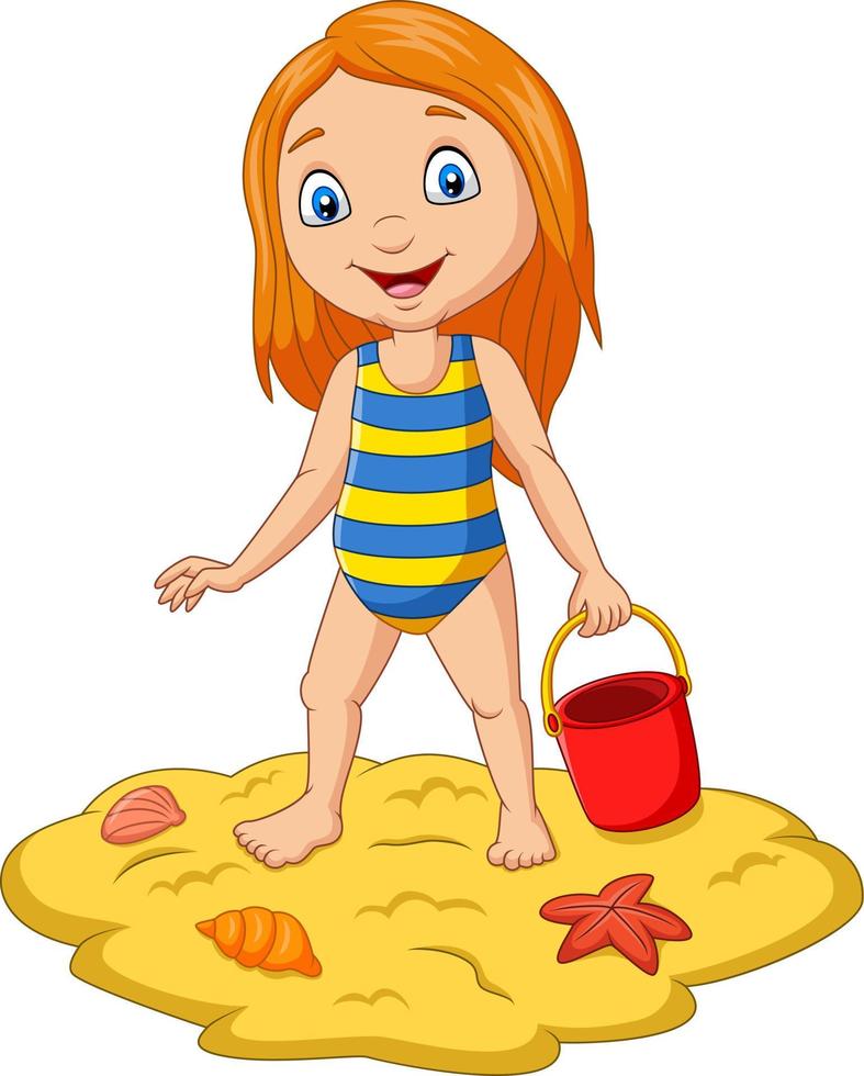 Cartoon girl holding bucket sand at tropical beach vector