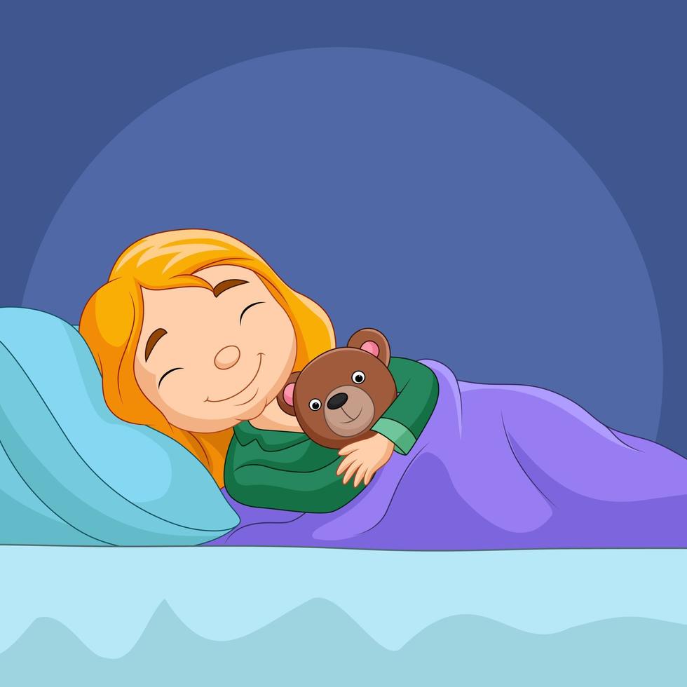 niña de dibujos animados durmiendo con oso de peluche vector