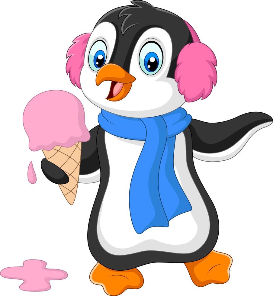 pingüino de dibujos animados con orejeras y bufanda come un helado vector