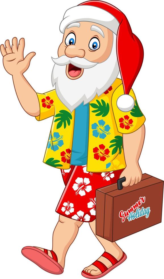 Cartoon Santa claus on vacation with a suitcase vector