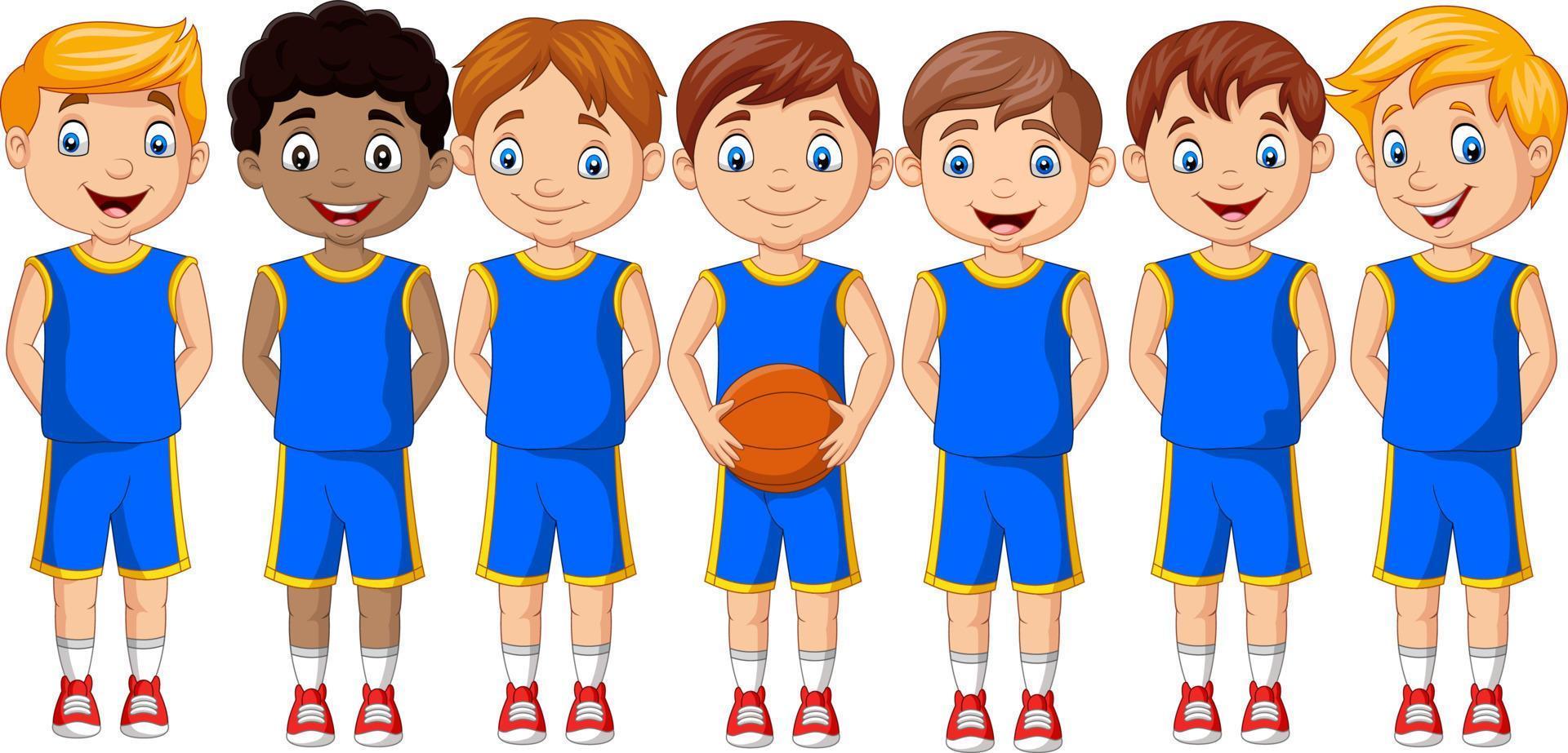 equipo de niños de baloncesto de dibujos animados en uniforme vector