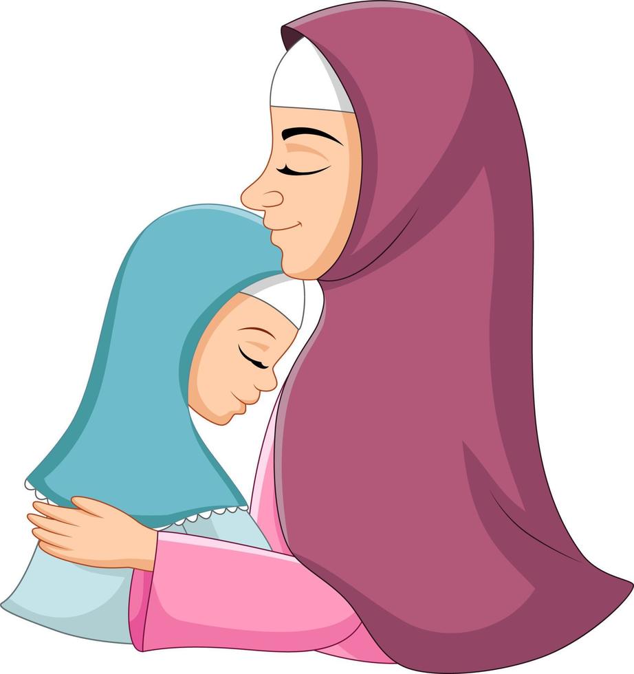 feliz madre musulmana abrazando a su hija vector