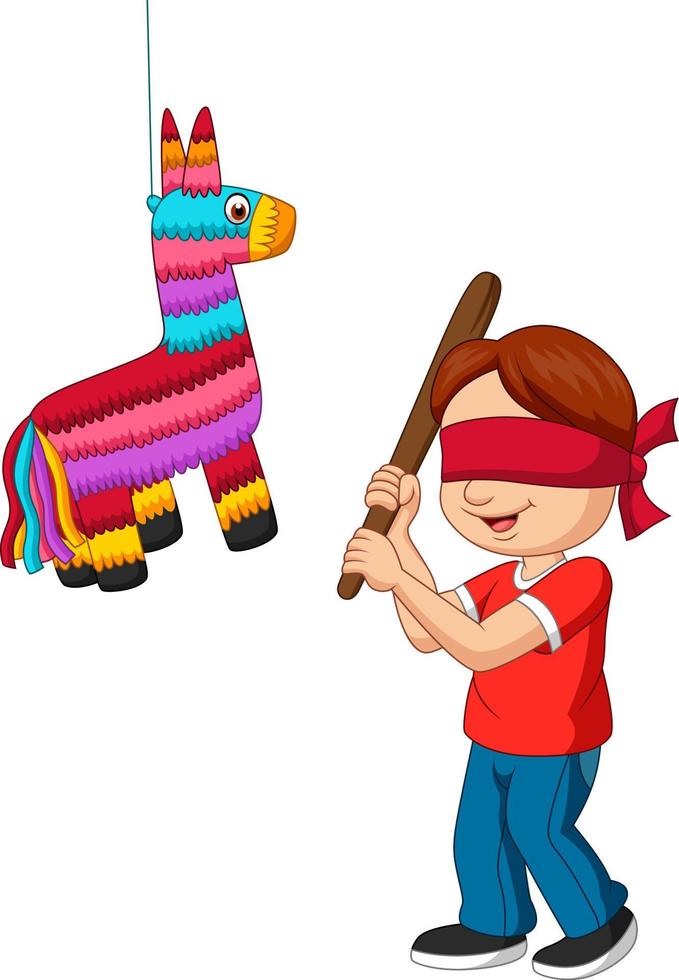 Cartoon boy hitting pinata game vector