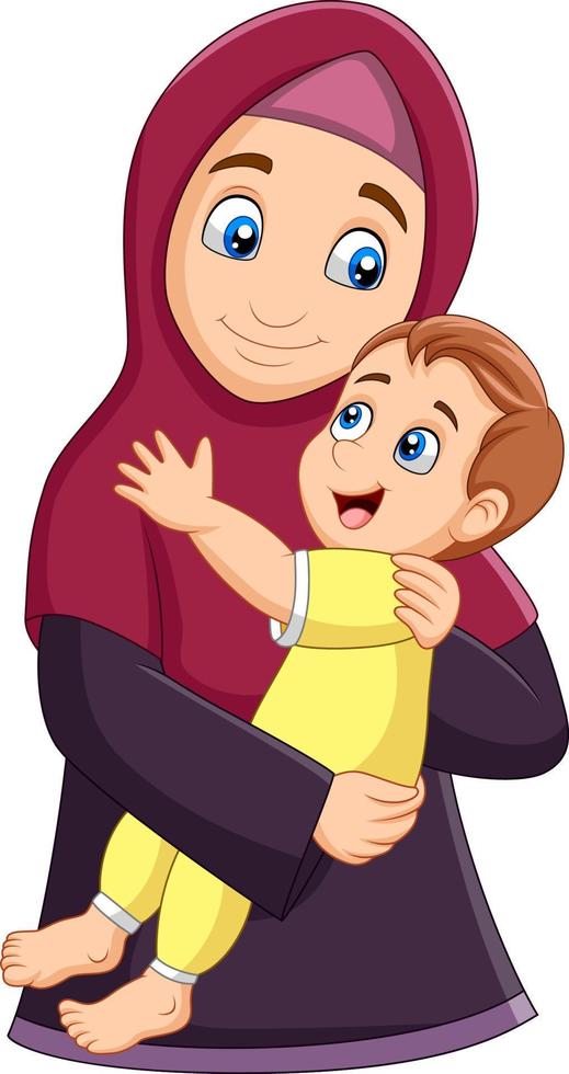 madre musulmana abrazando a su hijo vector