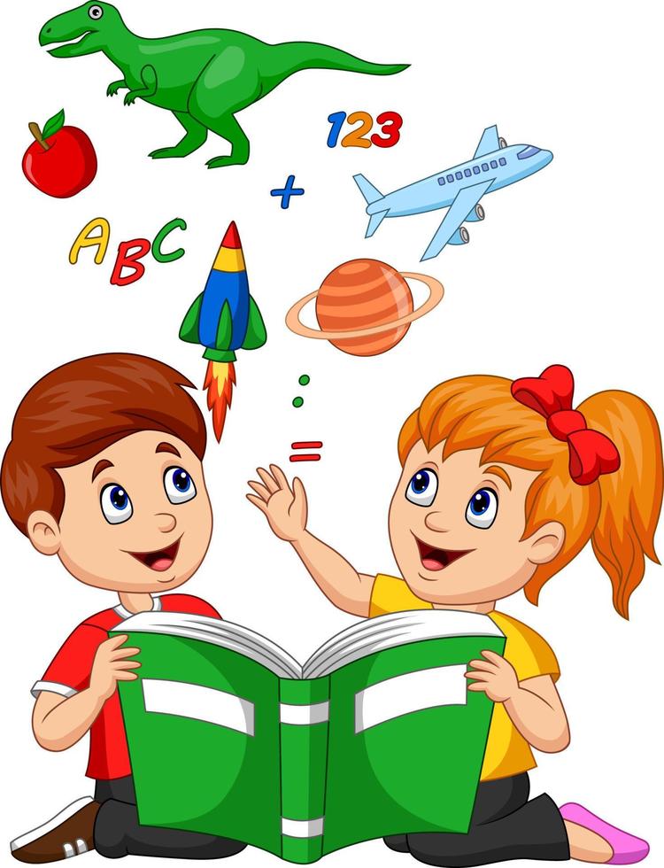 Cartoon kids reading book education concept with apple, dinosaur, planet Saturn, space shuttle and airplane vector