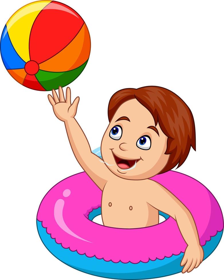 Cartoon boy playing inflatable circle with a beach ball vector