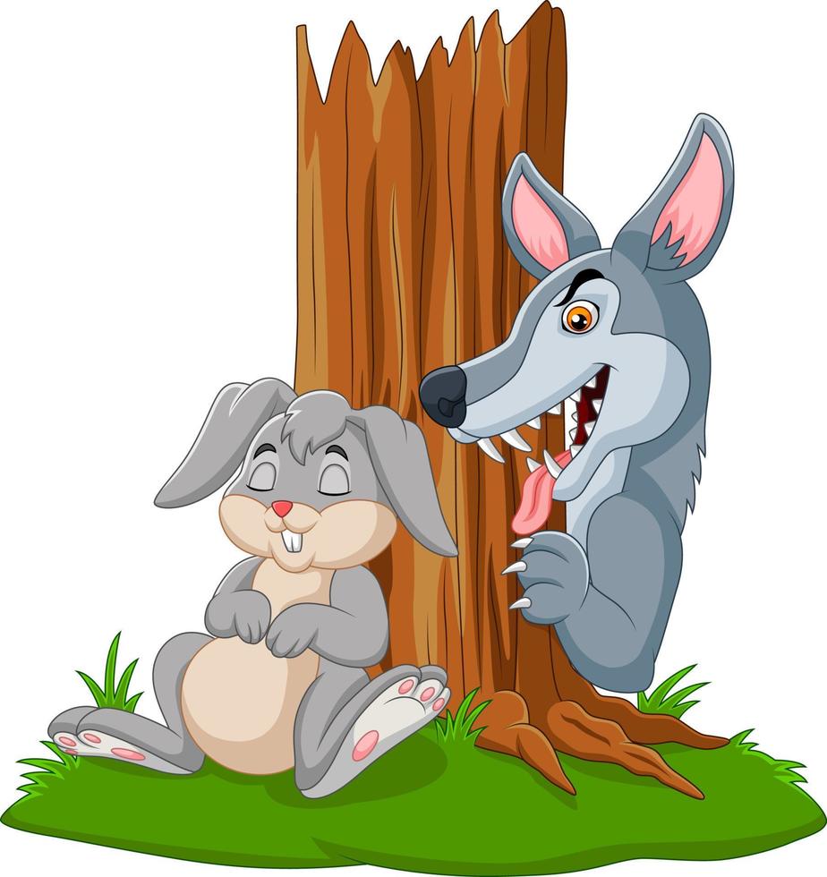 Illustration of wolf hunt a rabbit sleeping under a tree vector