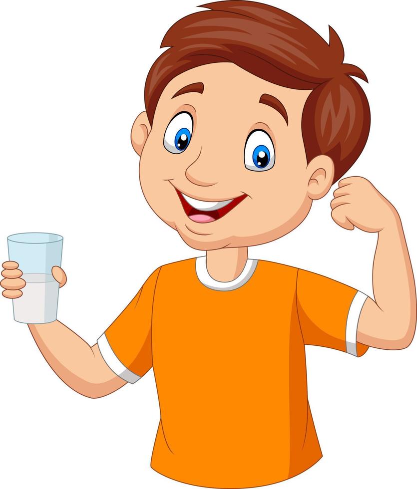 niño pequeño de dibujos animados sosteniendo un vaso de leche vector