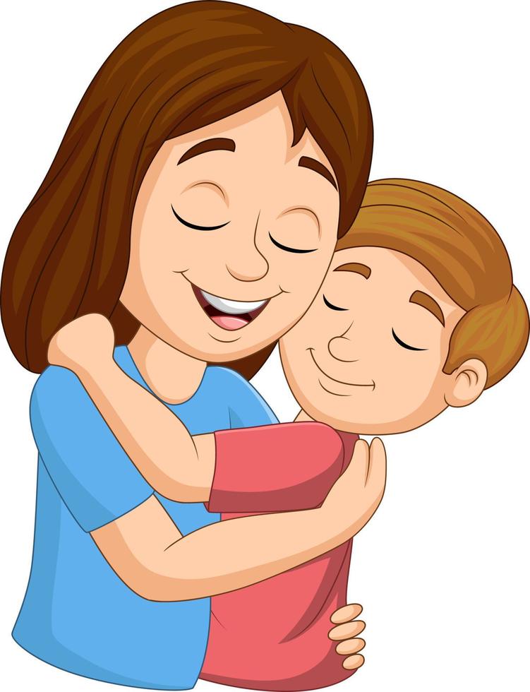 Cartoon happy mother hugging her son vector