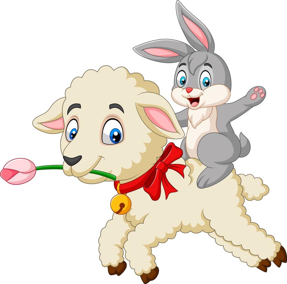 Cartoon happy bunny riding a lamb vector