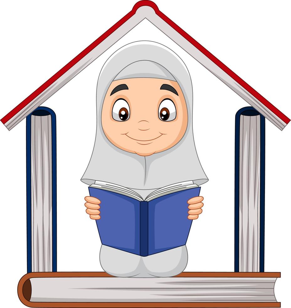 Cartoon Muslim girl reading a book with pile of books forming a house vector
