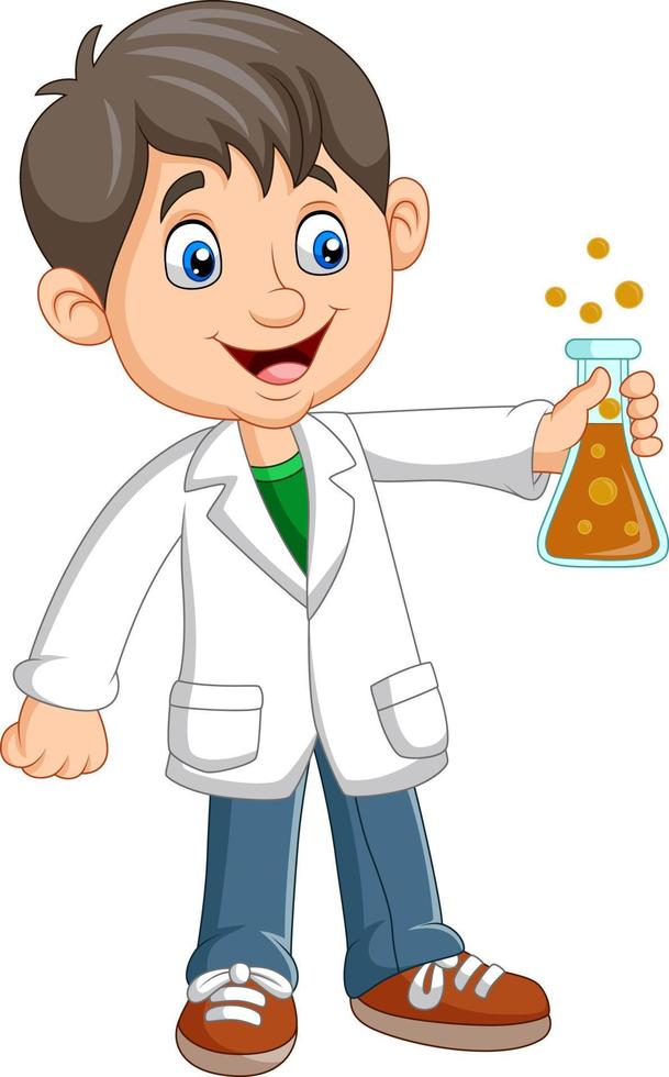 Cartoon boy scientist holding test tube vector
