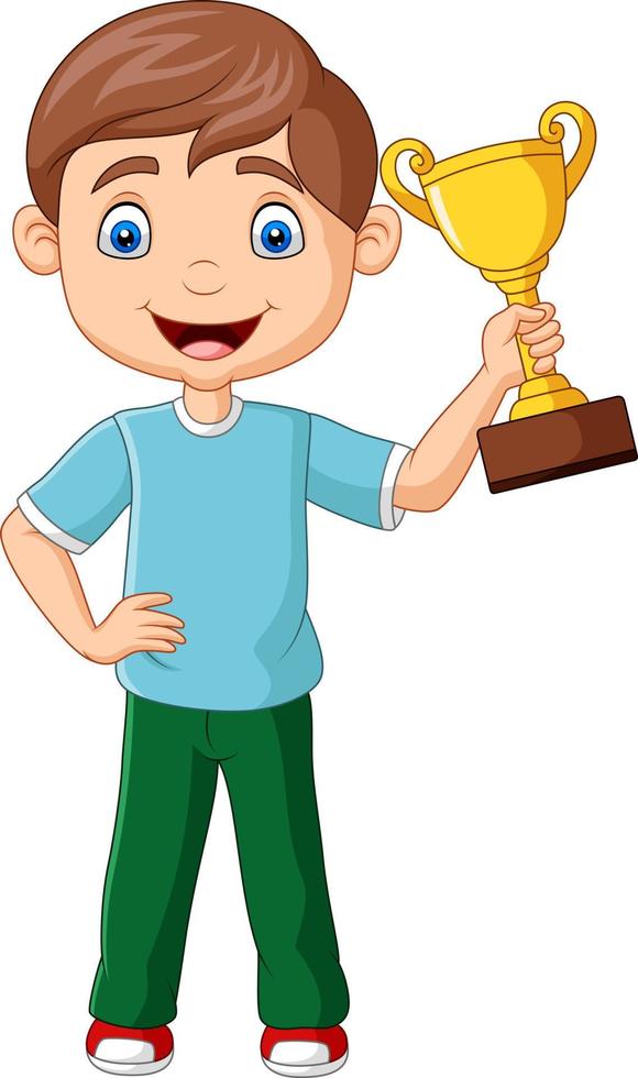 Cartoon little boy holding gold trophy vector