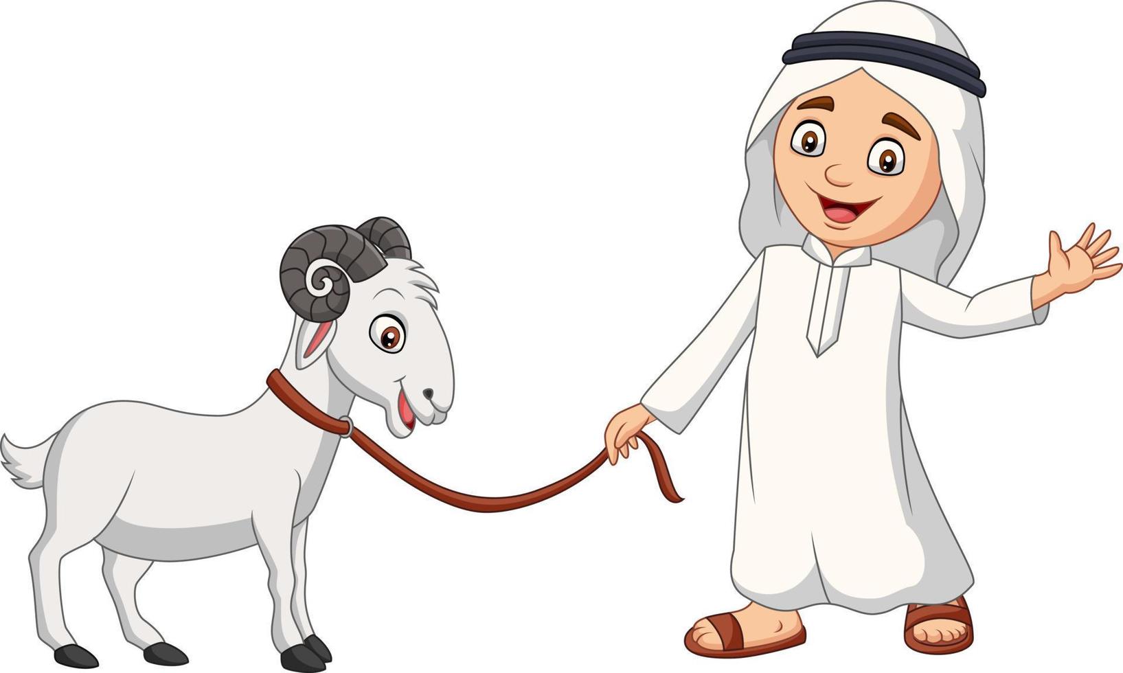 niño musulmán árabe de dibujos animados con una cabra vector