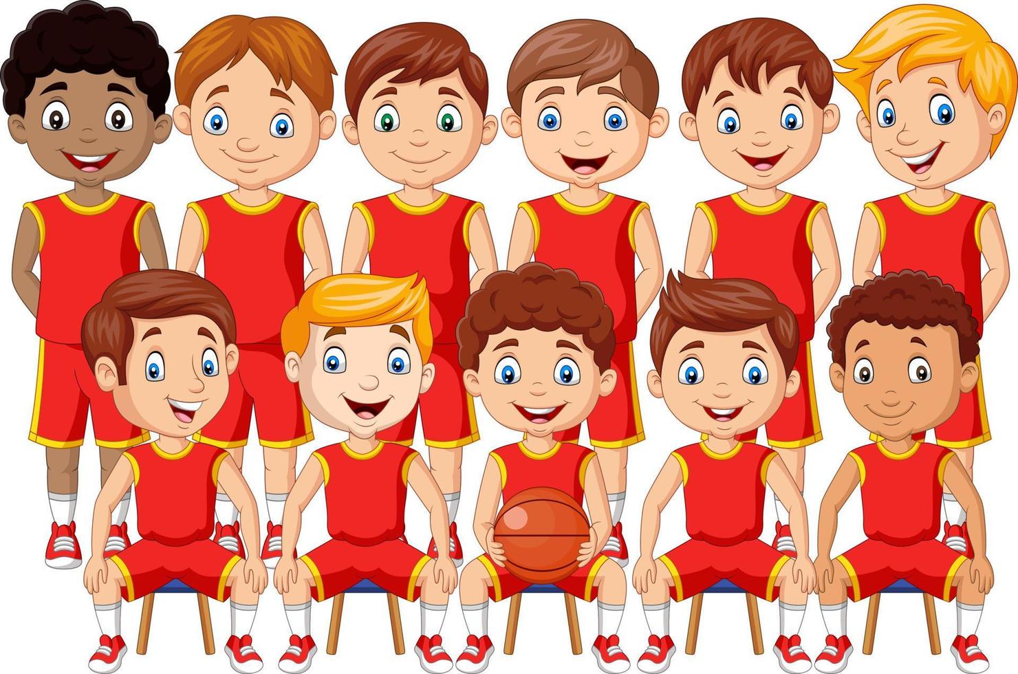 equipo de niños de baloncesto de dibujos animados en uniforme vector