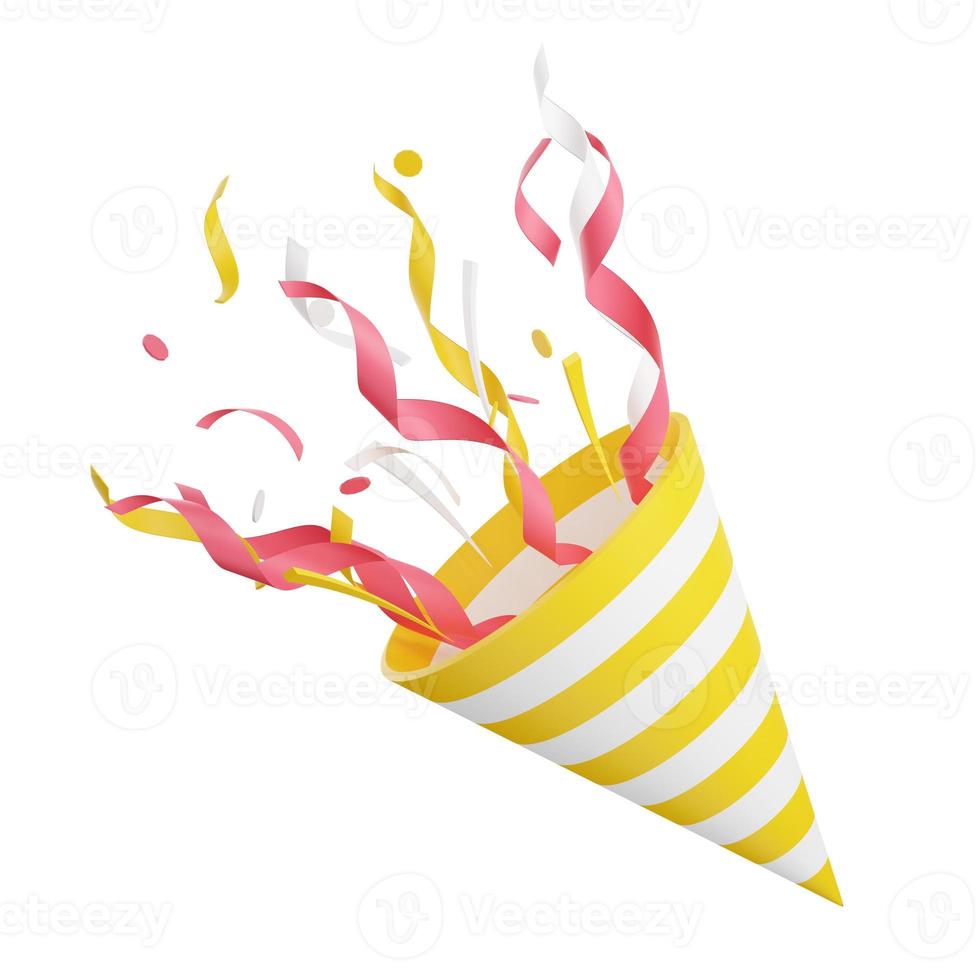 Party popper with flying confetti 3d render illustration. photo