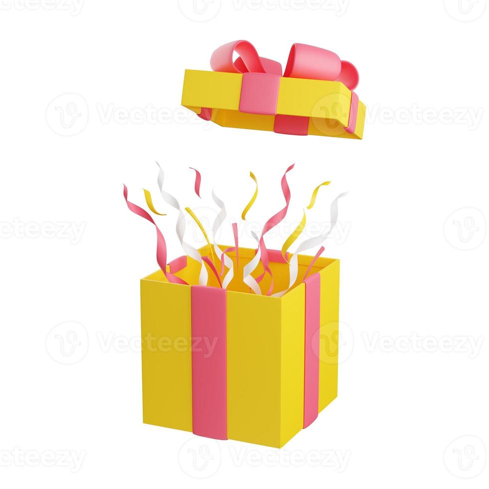 Open gift box with flying cap and confetti - 3d render surprise illustration. photo