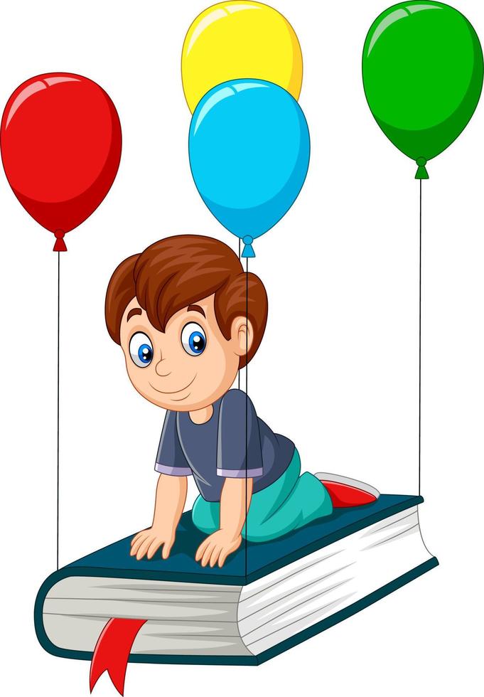 Cartoon schoolboy  flying on a book vector