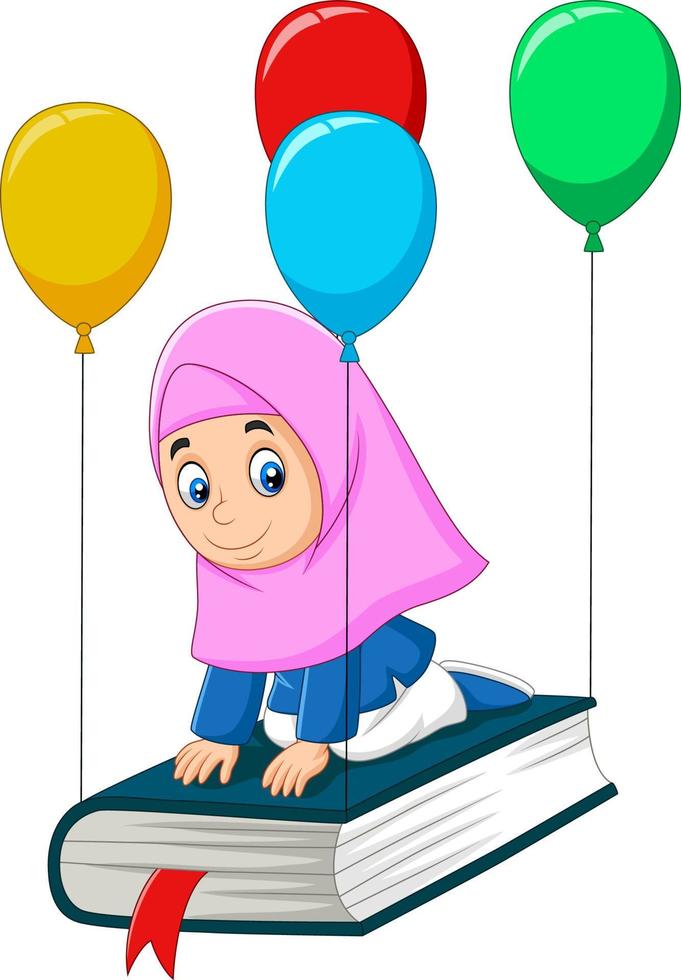 Cartoon Muslim schoolgirl  flying on a book vector