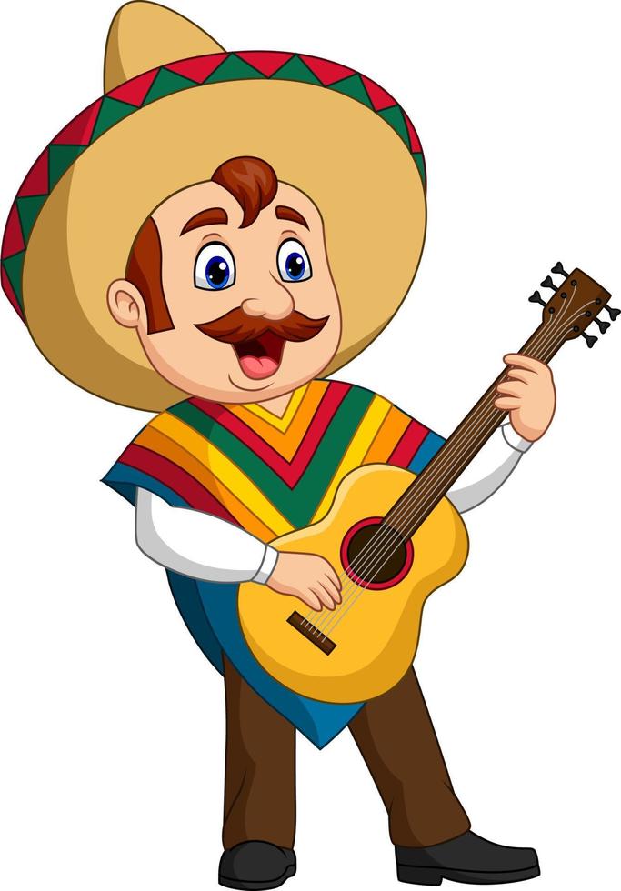 Cartoon of Mexican man playing the guitar and singing vector