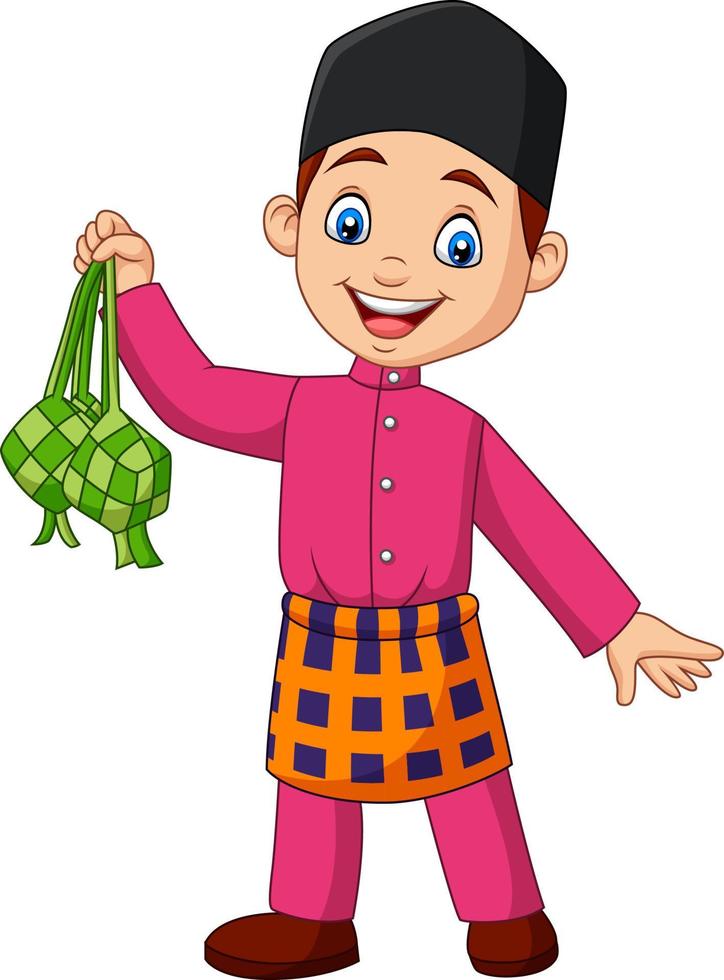 Cute muslim boy holding a ketupat vector