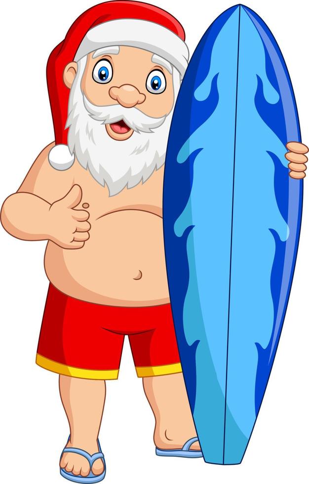 dibujos animados de santa claus sosteniendo una tabla de surf y dando un pulgar hacia arriba vector