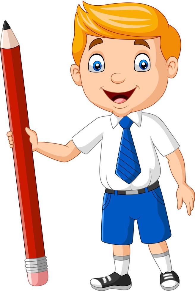 Cartoon school boy holding a pencil vector