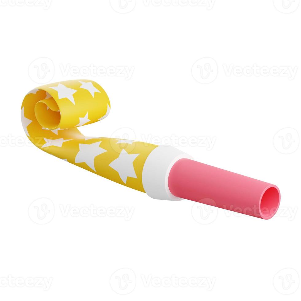 Party blower 3d render illustration. Pink and yellow rolled paper whistle with stars for birthday or holiday celebration photo