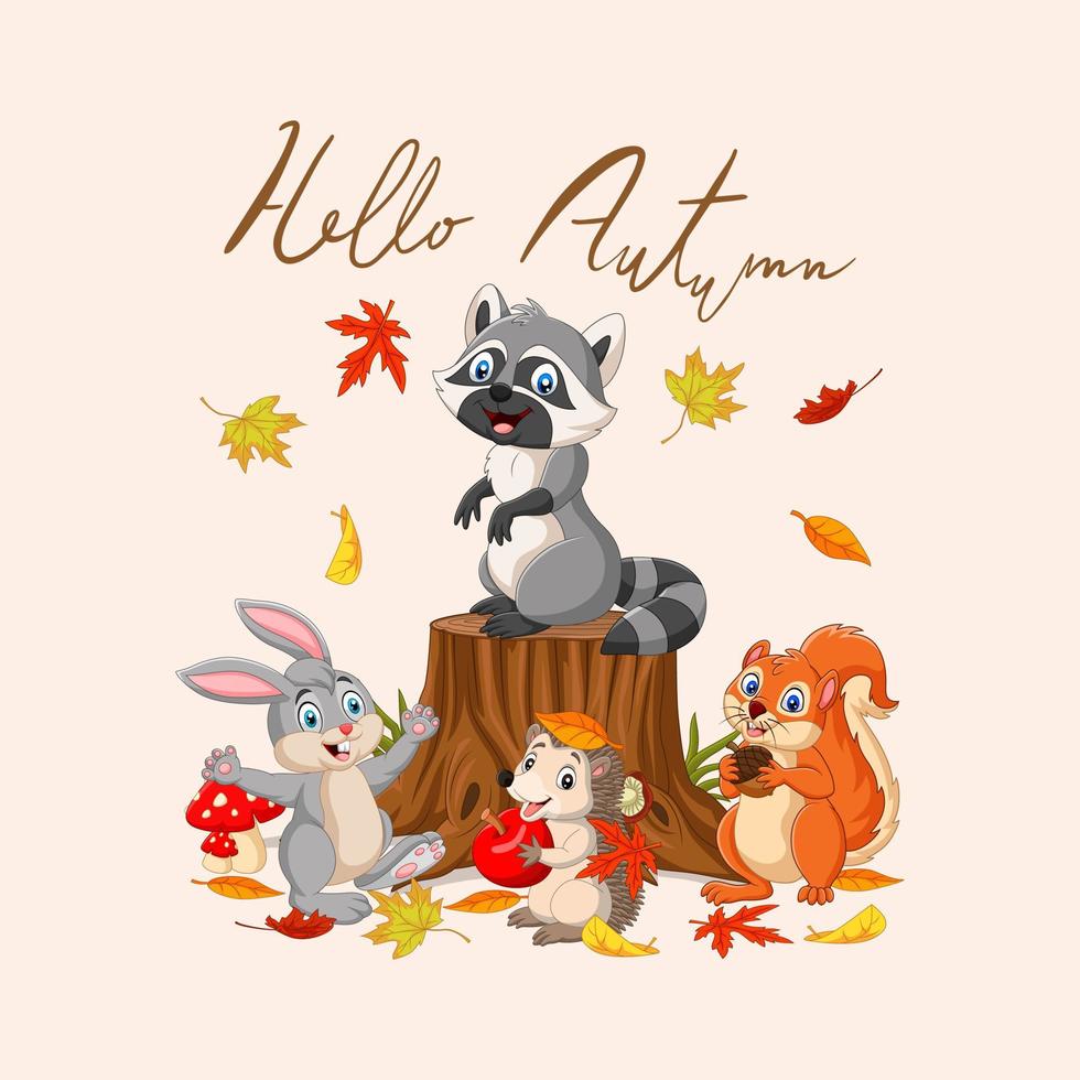 Hello autumn background with wild animals vector