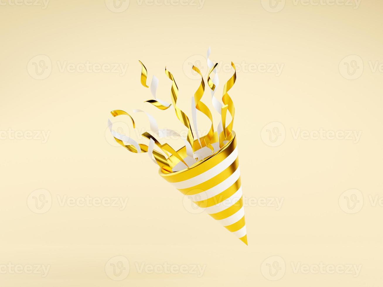 Golden party popper with flying confetti 3d render illustration. photo