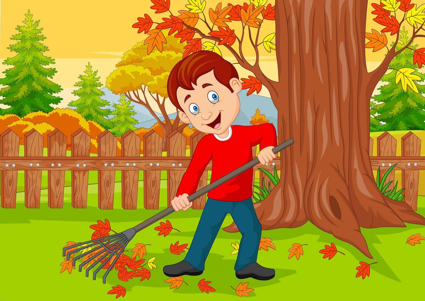 limpiador masculino de dibujos animados barriendo hojas de otoño con rastrillo vector