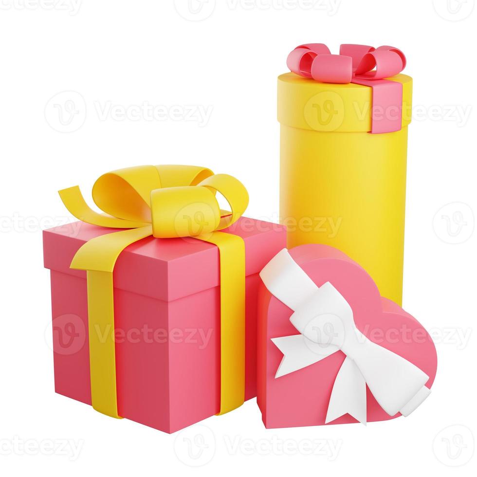 Pile of wrapped gift boxes decorated with ribbon and bow 3d render illustration. photo