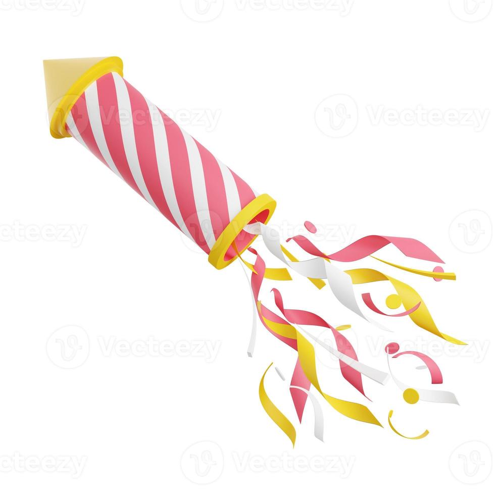 Firework with confetti 3d render illustration. Pink and yellow striped flying rocket with sparkles. photo