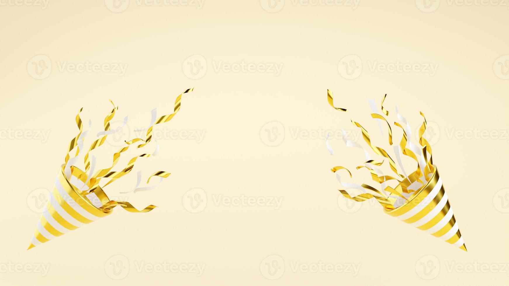 Golden party popper with flying confetti on background with copy space 3d render illustration. photo