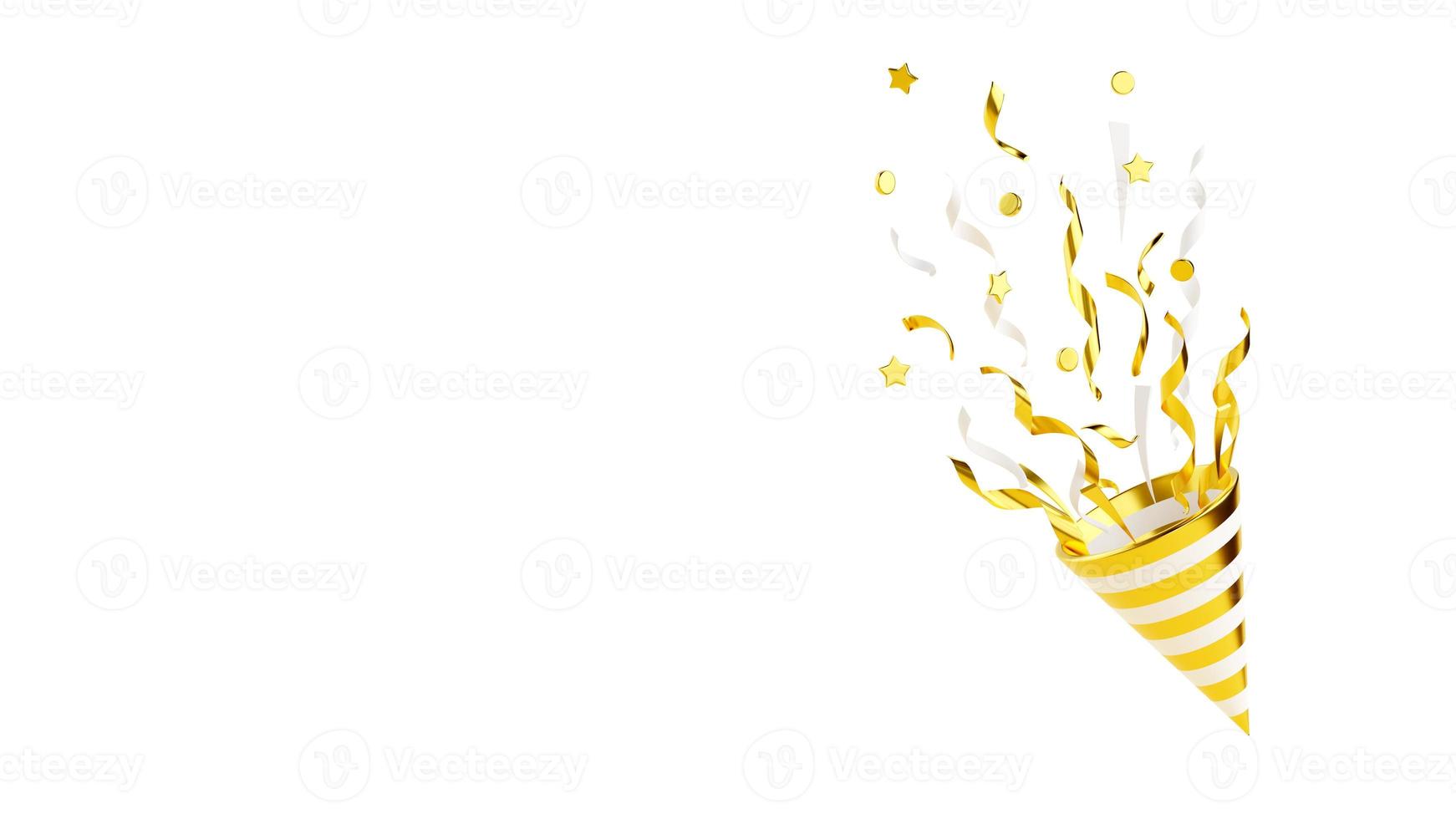 Gold party popper with flying confetti 3d render illustration isolated on white. photo