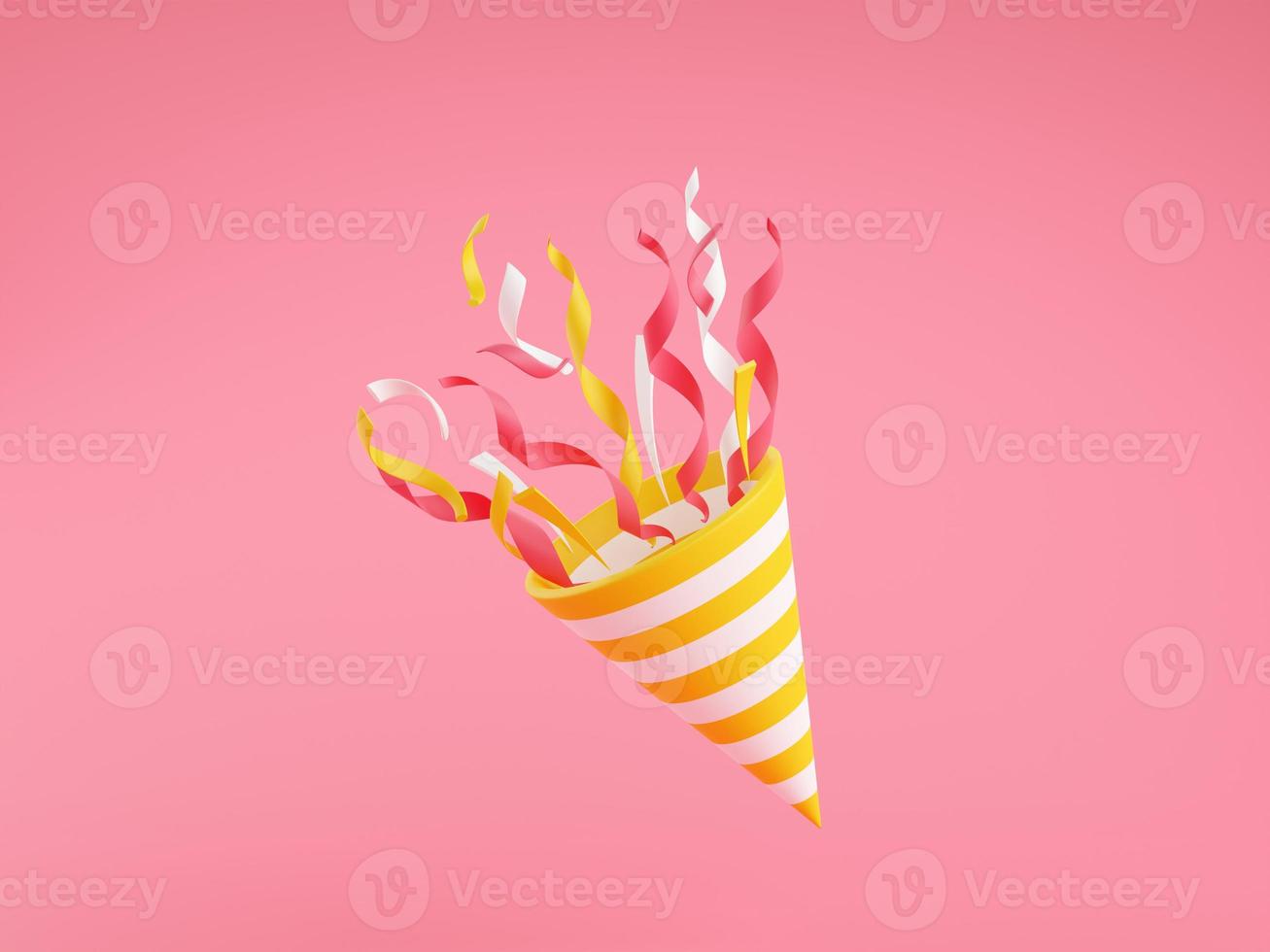 popper de fiesta con confeti volador 3d renderizar ilustración sobre fondo rosa. foto