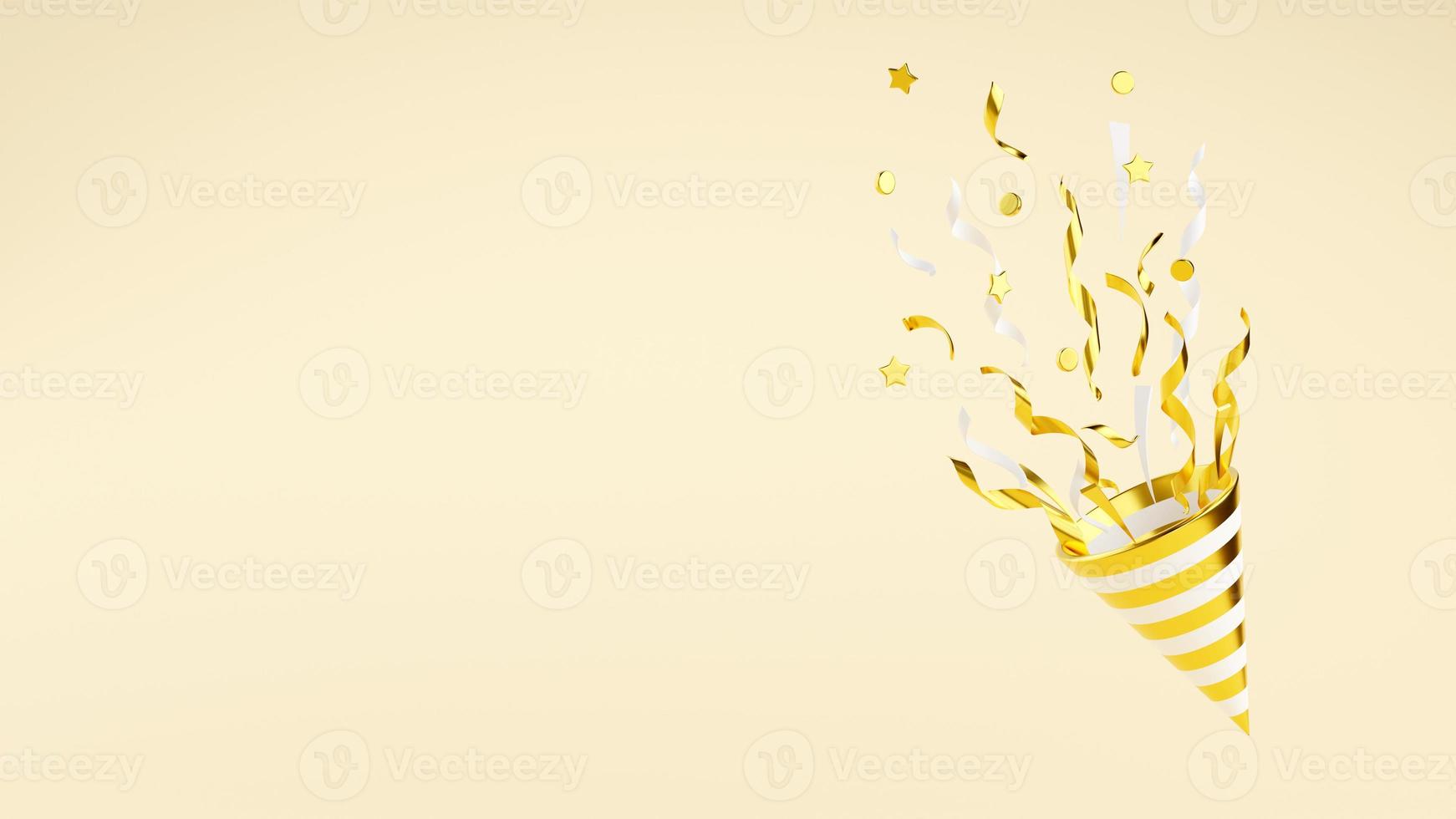 Golden party popper with flying confetti 3d render illustration. photo