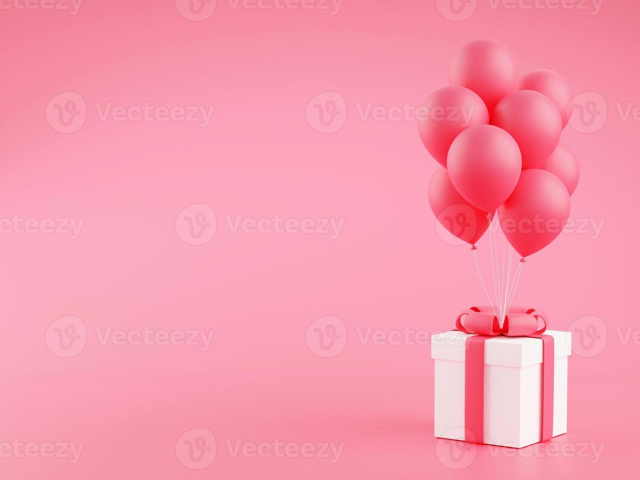 Gift box with balloons 3d render illustration - present package with bunch of flying balloons on pink pastel background. photo