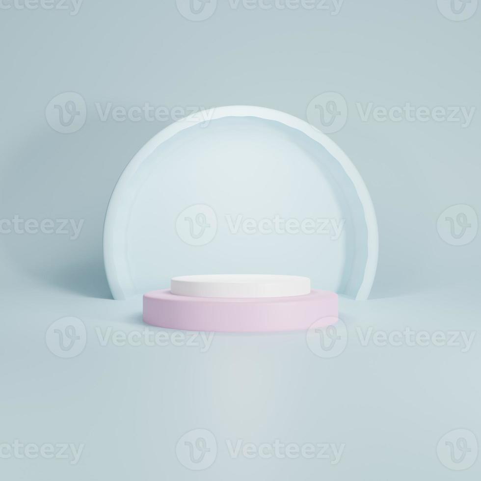 Light blue 3D background with round frame and pink pedestal. photo