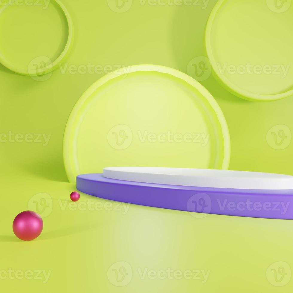 Light green 3D background with 3 sphere frames and purple pallet with pink steel balls. photo