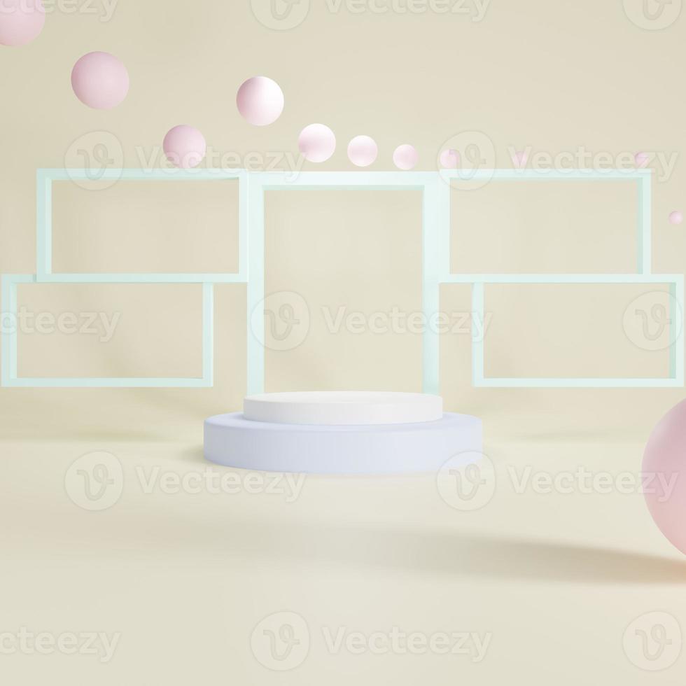 3D cream color background with light blue wooden frame with pallet and pink balls. photo