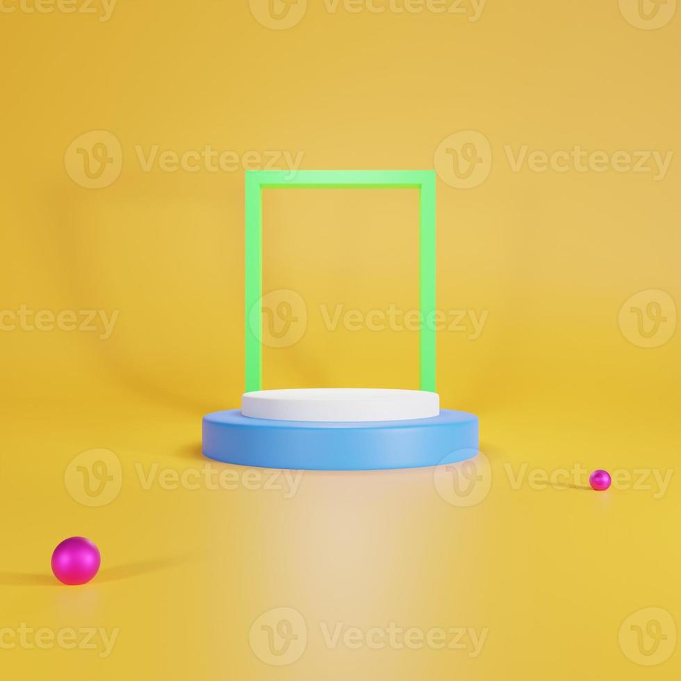 3D yellow background with blue pallet and pink balls. photo