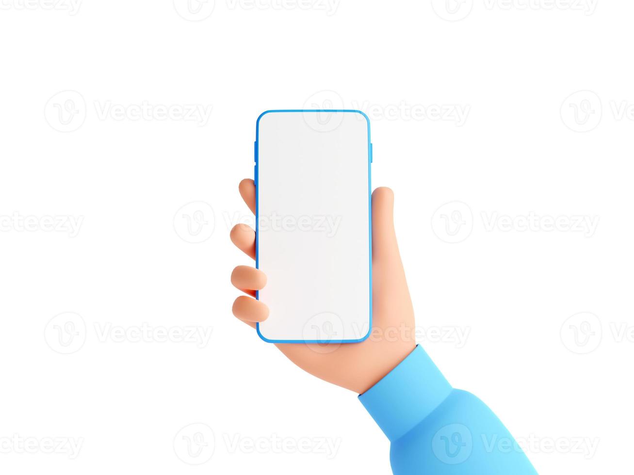 Mobile phone mockup with empty white screen in human hand 3d render illustration. photo